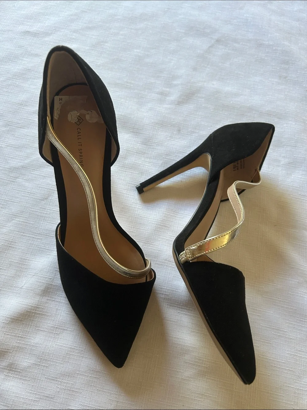 Call It Spring Black Pointed D'Orsay Heels with Gold Accent Strap
